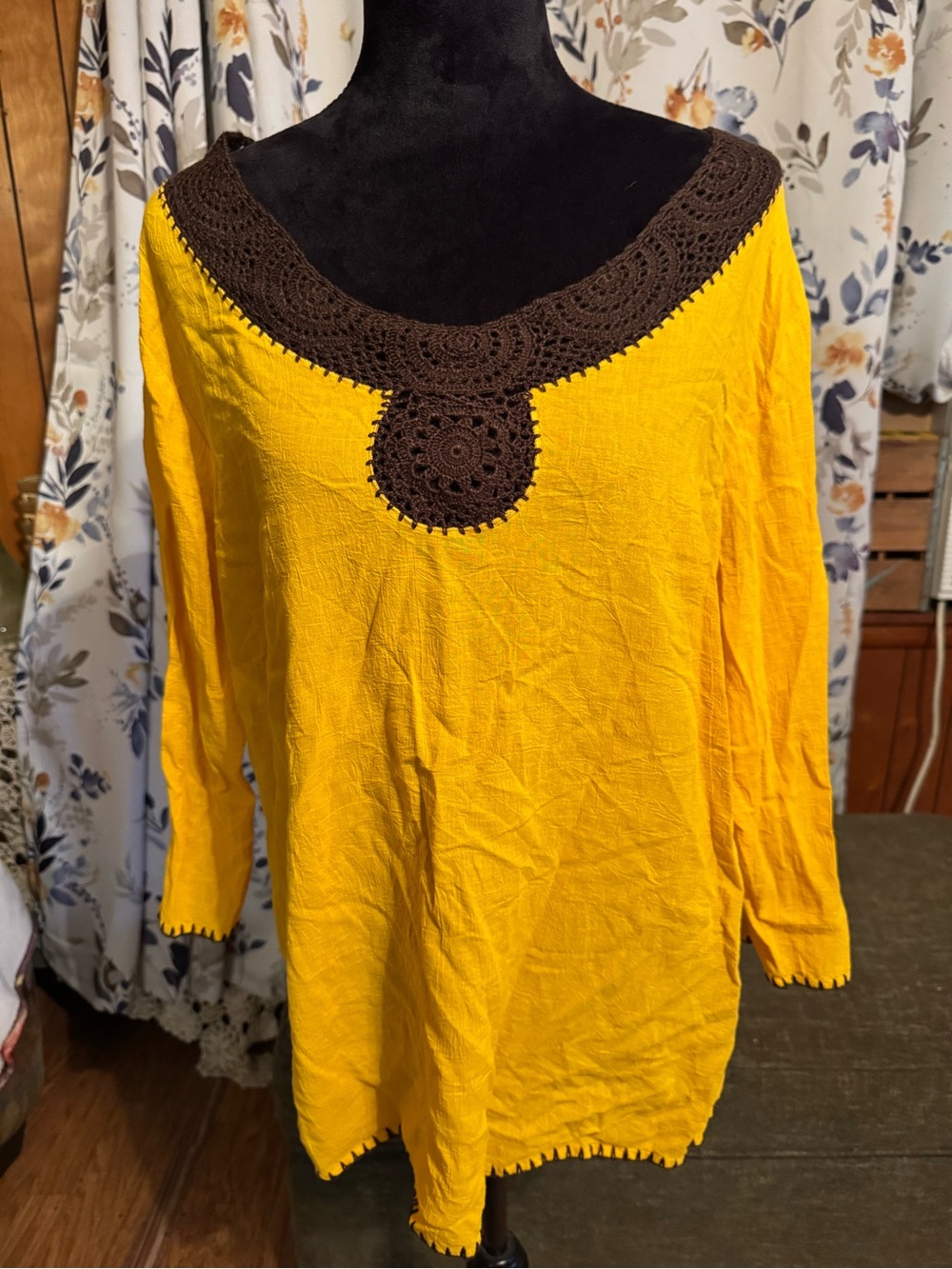 Chadwicks Yellow Tunic with Brown Crochet Trim